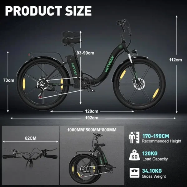 HITWAY Vélo électrique Pliable, 26 Pouces E-Bike, Batterie Amovible 36V/10,4Ah, Ecran LCD, Transmission 7 Vitesses, Noir – Image 5