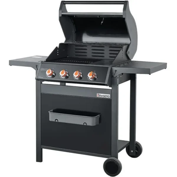 Barbecue gaz BRASERO Spring II - 4 Feux - Surface de cuisson mixte - 1/2 plaque Fonte - 1/2 grille Fonte - 12,6 kW - Noir